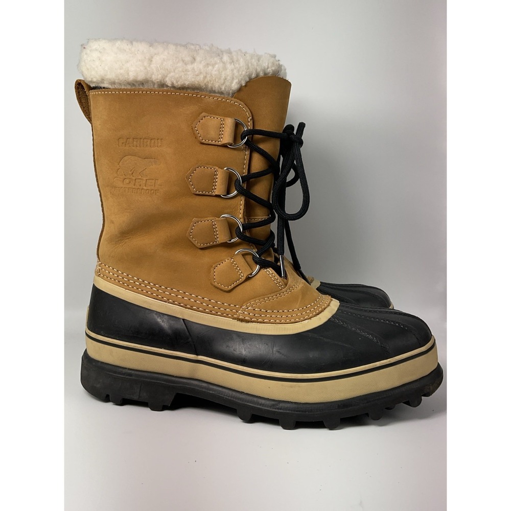 Sorel Caribou Winter Boots Men's Size 9 Tan Black Leather Rubber Removable Liner
